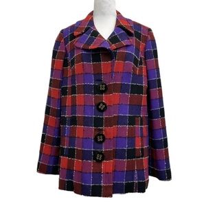 Milly Nyk Vintage Red & Purple Wool Blend Square Plaid Button Front Jacket
